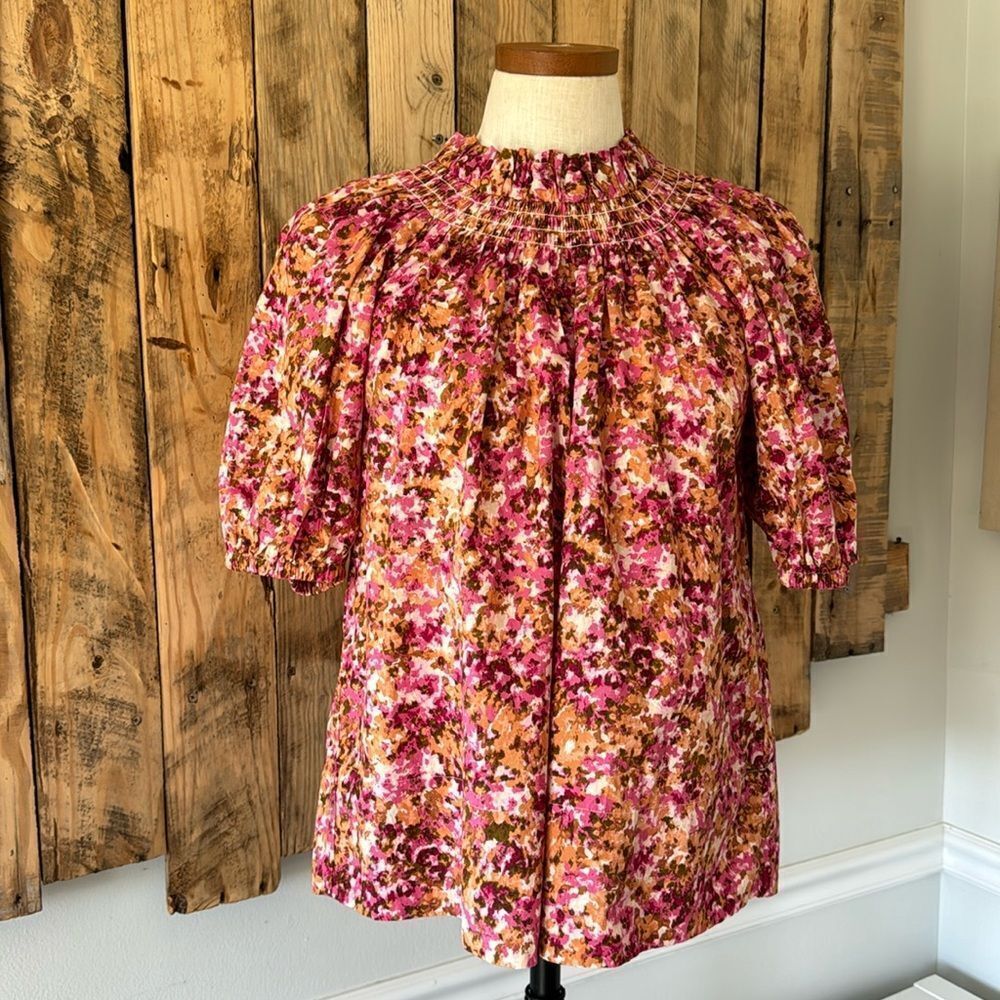 J. Crew‎ Women’s Smocked Neck Puffed Sleeves Tie Back Lightweight Blouse Size XS